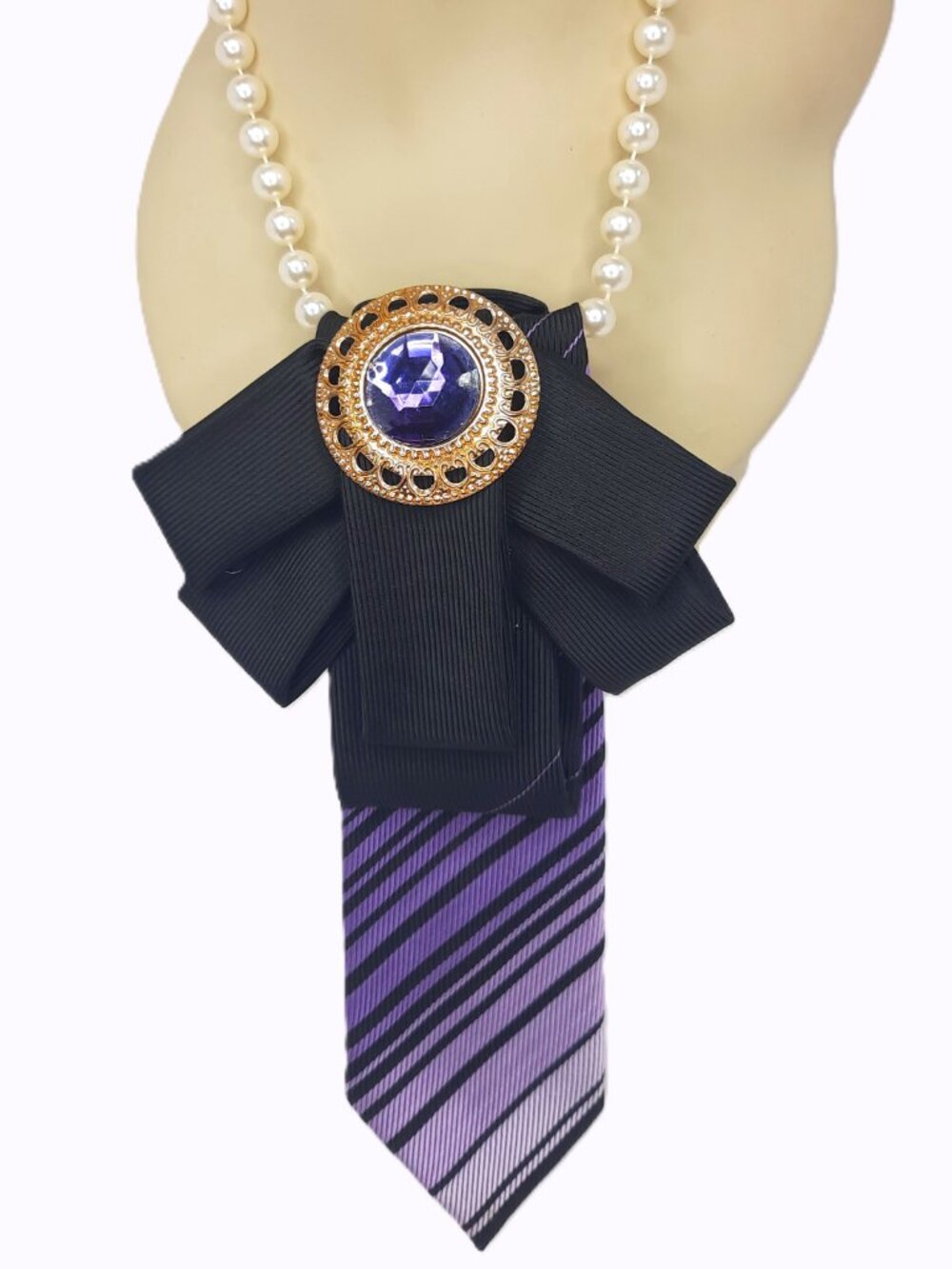 Artisan VROOM Tie Pendant Black Purple Striped Faux Pearl Beaded Necklace NEW